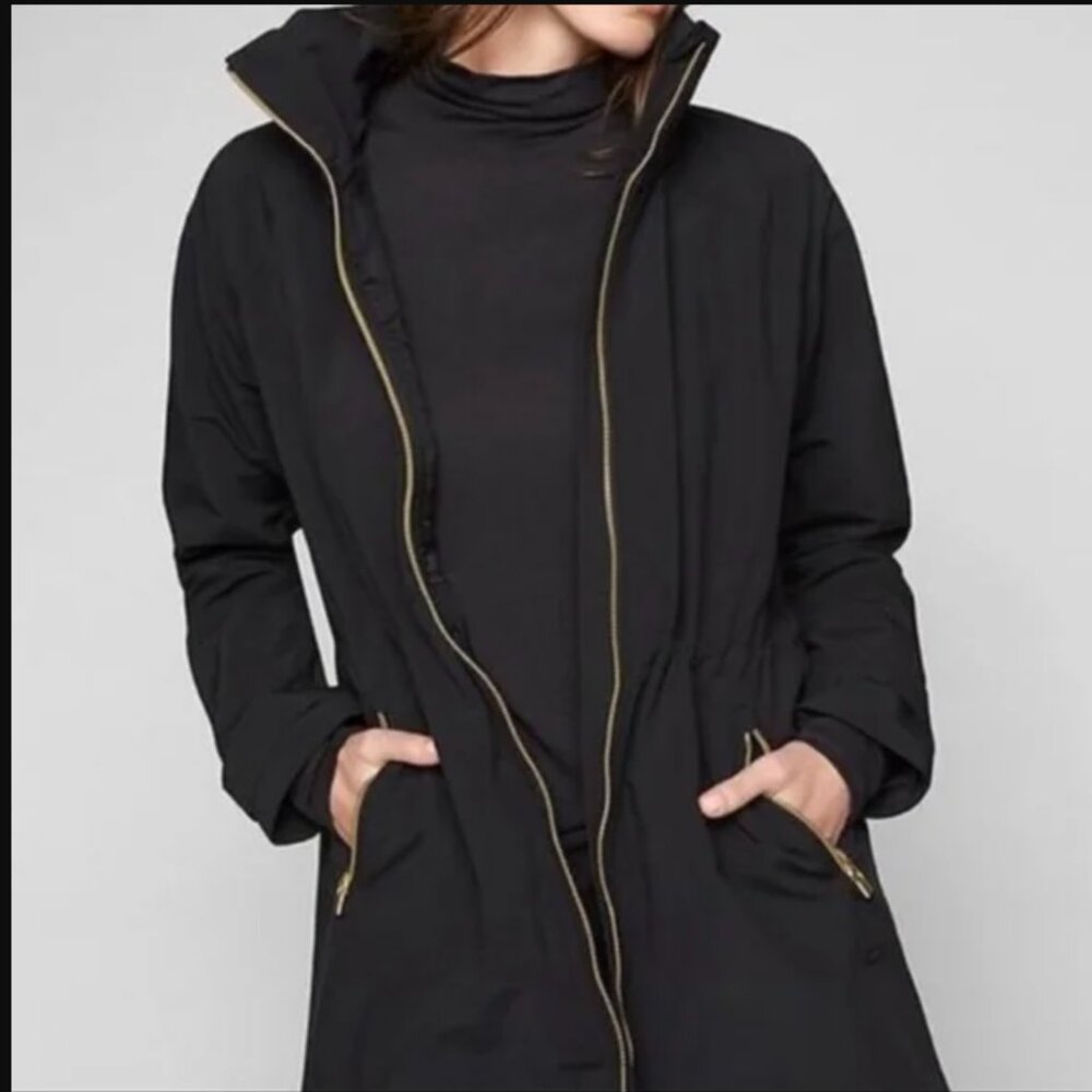 Athleta Misty Rain Jacket Trench, black with gold zippers, medium